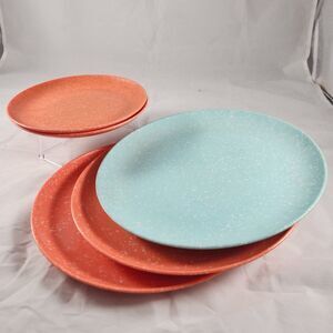 Five Vtg Melamine Confetti Plates Speckled MCM Peach White & Aqua White Melmac